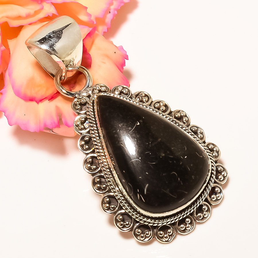 Crinoid Fossil 925 Sterling Silver Pendant, Handmade Pendant, Pear Pendant, Black Pendant, Unique Silver Pendant, Fine Pendant, Silver Jewelry Pendant