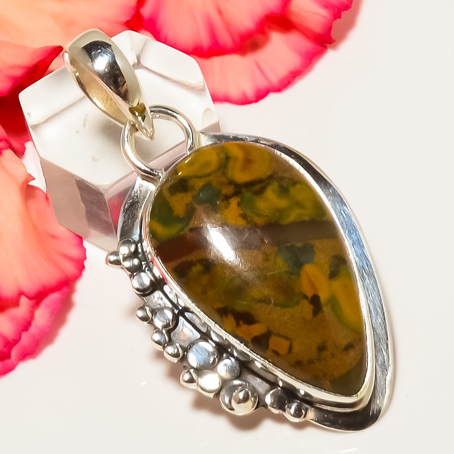 Rhyolite Jasper 925 Sterling Silver Pendant, Handmade Pendant, Pear Pendant, Green Pendant, Unique Silver Pendant, Fine Pendant, Silver Jewelry Pendant