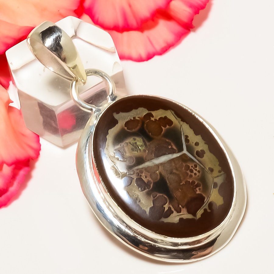 Mud Crack Fossil 925 Sterling Silver Pendant, Handmade Pendant, Oval Pendant, Brown Pendant, Unique Silver Pendant, Fine Pendant, Silver Jewelry Pendant