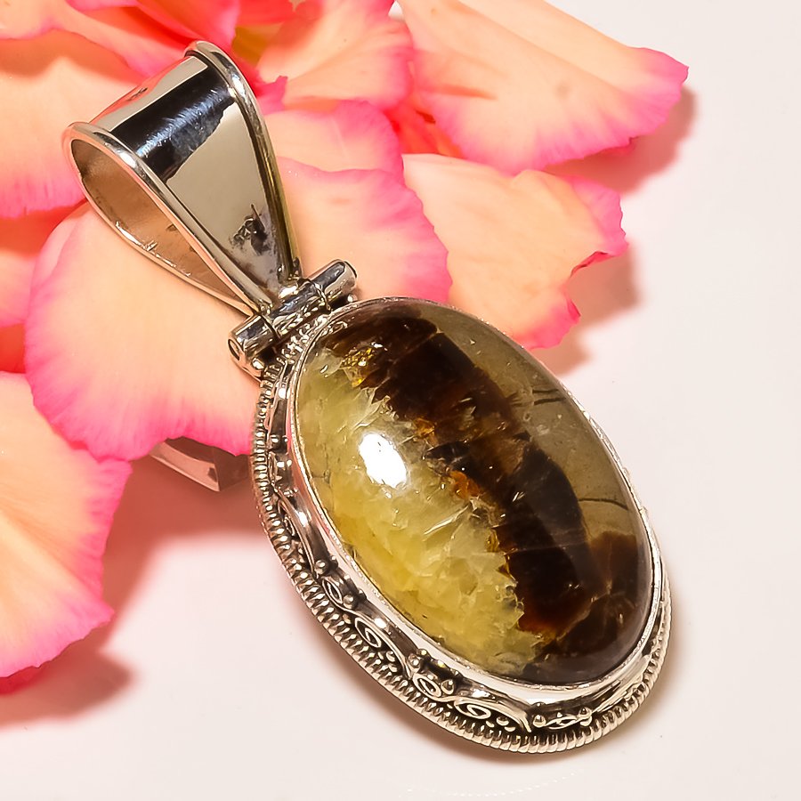 Sapterian Stone 925 Sterling Silver Pendant, Handmade Pendant, Oval Pendant, Brown Pendant, Unique Silver Pendant, Fine Pendant, Silver Jewelry Pendant