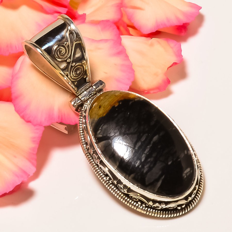 Picasso Jasper 925 Sterling Silver Pendant, Handmade Pendant, Oval Pendant, Black Pendant, Unique Silver Pendant, Fine Pendant, Silver Jewelry Pendant