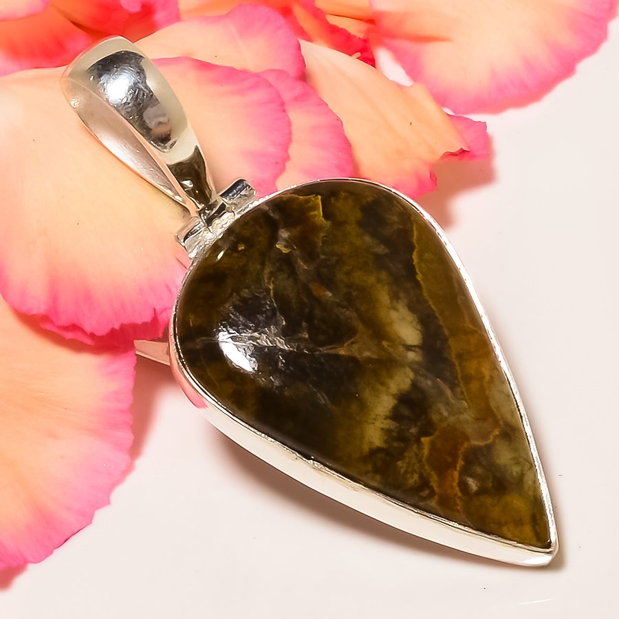 Pilbara Jasper 925 Sterling Silver Pendant, Handmade Pendant, Pear Pendant, Green Pendant, Unique Silver Pendant, Fine Pendant, Silver Jewelry Pendant