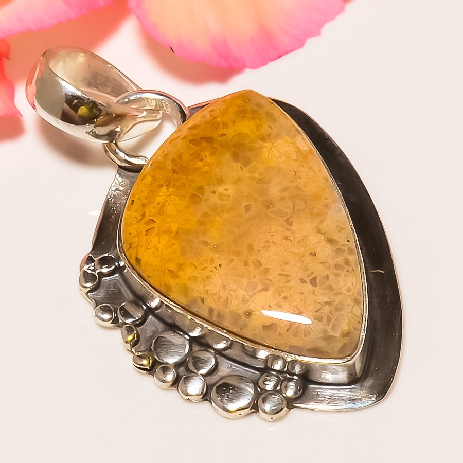 Fossil Coral 925 Sterling Silver Pendant, Handmade Pendant, Trillion Pendant, Yellow Pendant, Unique Silver Pendant, Fine Pendant, Silver Jewelry Pendant
