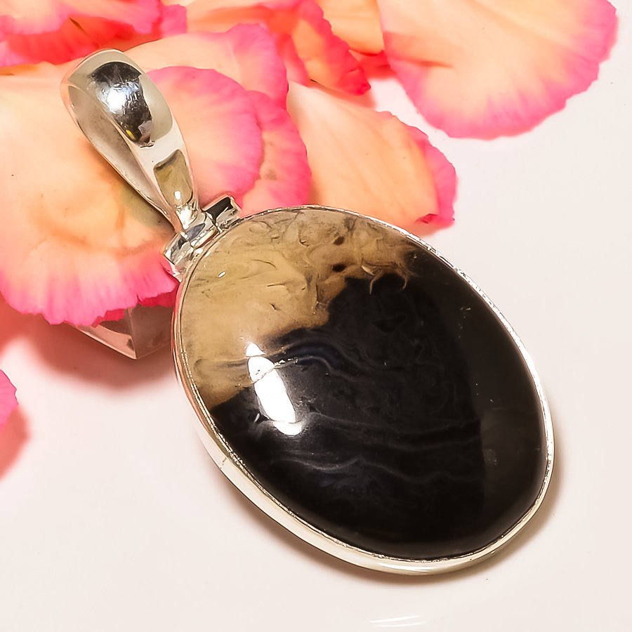 Palm Root Jasper 925 Sterling Silver Pendant, Handmade Pendant, Oval Pendant, Black Pendant, Unique Silver Pendant, Fine Pendant, Silver Jewelry Pendant