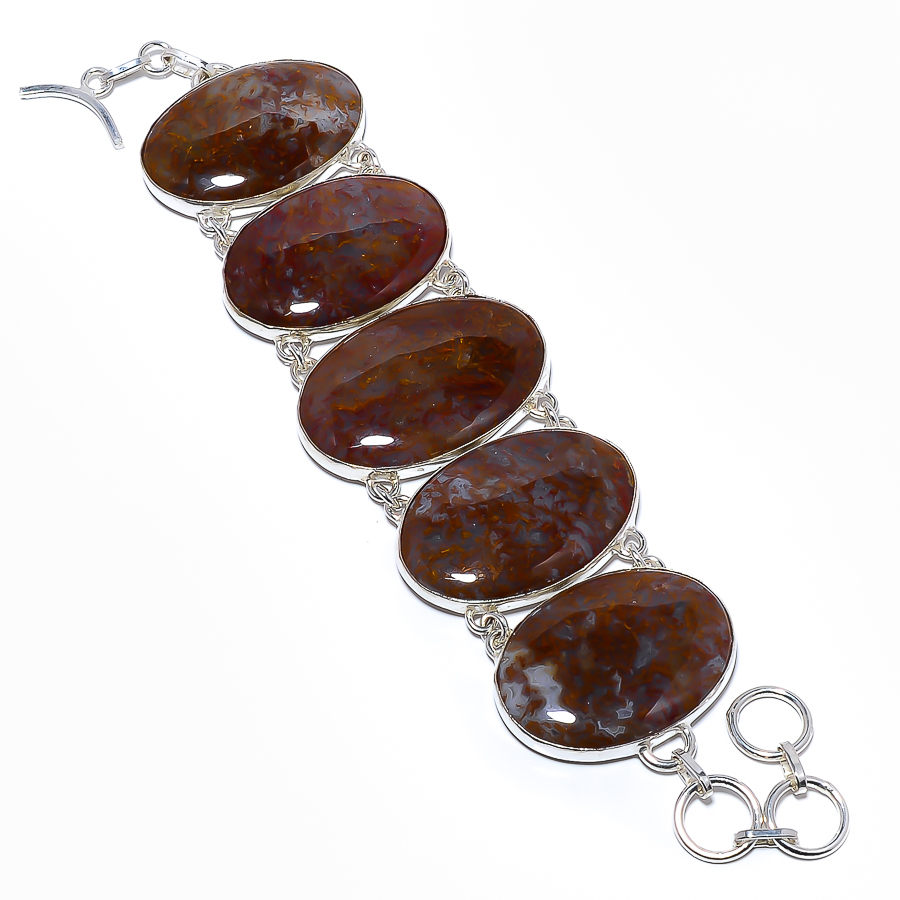 Red Plume Agate 925 Sterling Silver Link Bracelet 