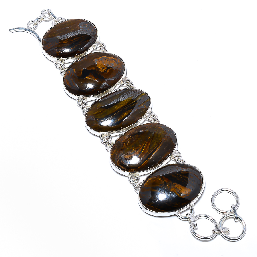 Iron Tigers Eye  925 Sterling Silver Link Bracelet 