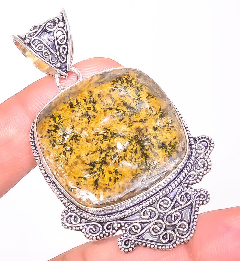 Psilomelane Dendrite Jasper 925 Sterling Silver Pendant, Handmade Pendant, Cushion Pendant, Yellow Pendant, Unique Silver Pendant, Fine Pendant, Silver Jewelry Pendant