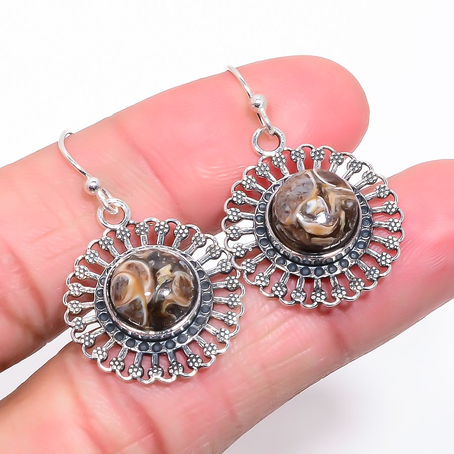 Turritella Fossil Cercle Filigree Silver Jewelry Earring, Drop Dangle Earring, Gift For Her, Round Earring, Brown Earring, Silver Jewelry Earring
