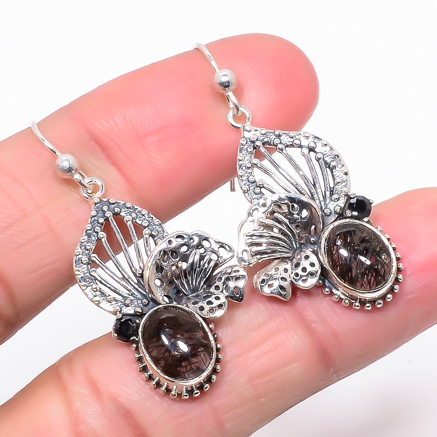 Tourmalated Quartz & Black Onyx 925 Sterling Silver Jewelry Earring, Drop Dangle Earring, Gift For Her, Oval Earring, Black Earring, Silver Jewelry Earring