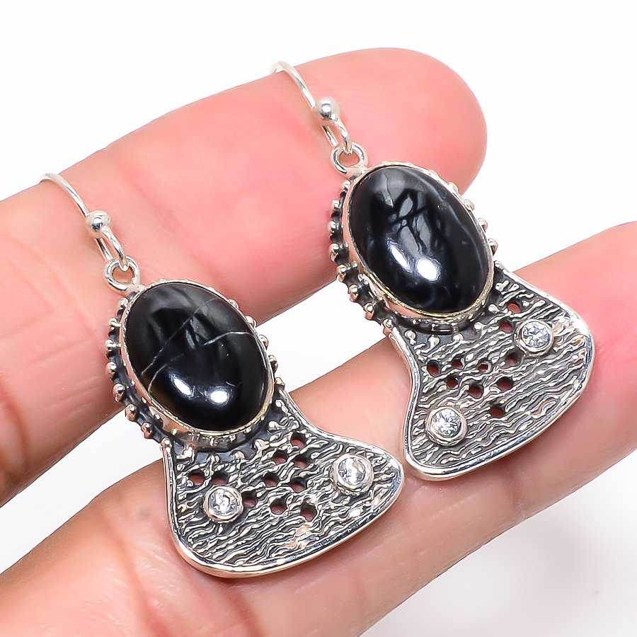 Picasso Jasper & White Topaz Oxidize 925 Sterling Silver Jewelry Earring, Drop Dangle Earring, Gift For Her, Oval Earring, Black Earring, Silver Jewelry Earring