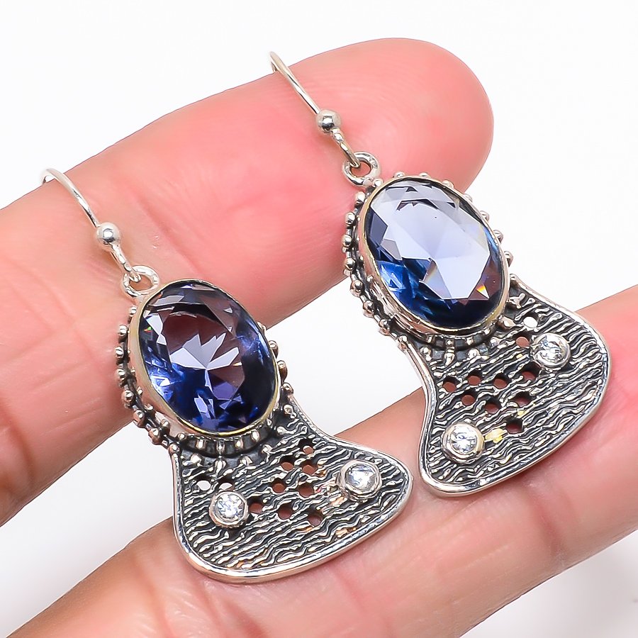 Iolite & Topaz Oxidize 925 Sterling Silver Jewelry Earring, Drop Dangle Earring, Gift For Her, Oval Earring, Blue Earring, Silver Jewelry Earring