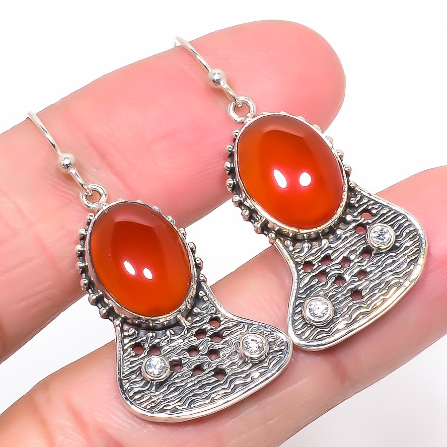Brazilian Carnelian & White Topaz Oxidize 925 Silver Earring, Drop Dangle Earring, Gift For Her, Oval Earring, Red Earring, Silver Jewelry Earring