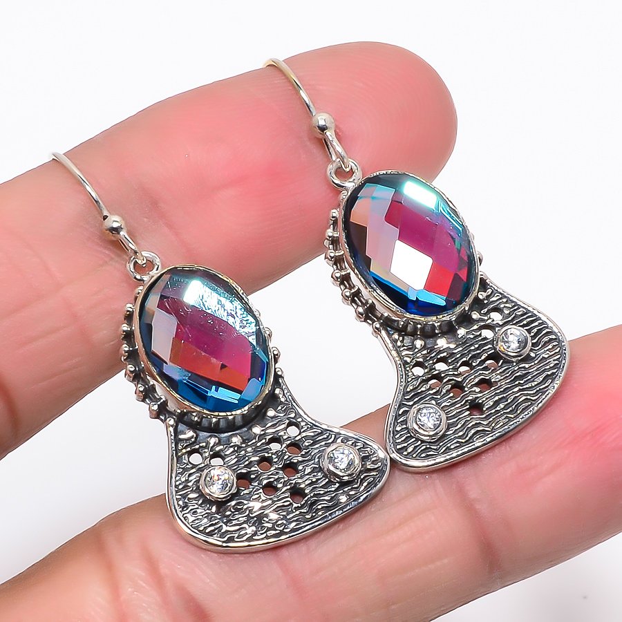 Black Rainbow Fire Topaz 925 Silver Earring, Drop Dangle Earring, Gift For Her, Oval Earring, Black Earring, Silver Jewelry Earring