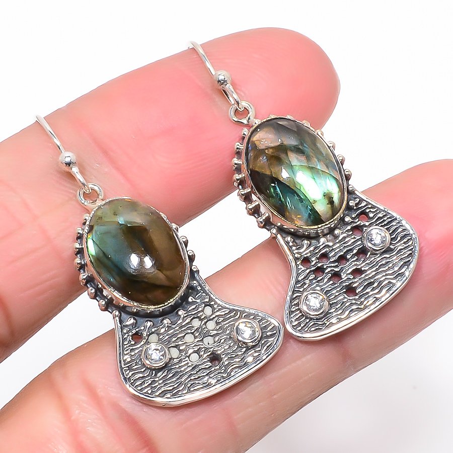 Canadian Labradorite & White Topaz Oxidize 925 Silver Earring, Drop Dangle Earring, Gift For Her, Oval Earring, Black Earring, Silver Jewelry Earring
