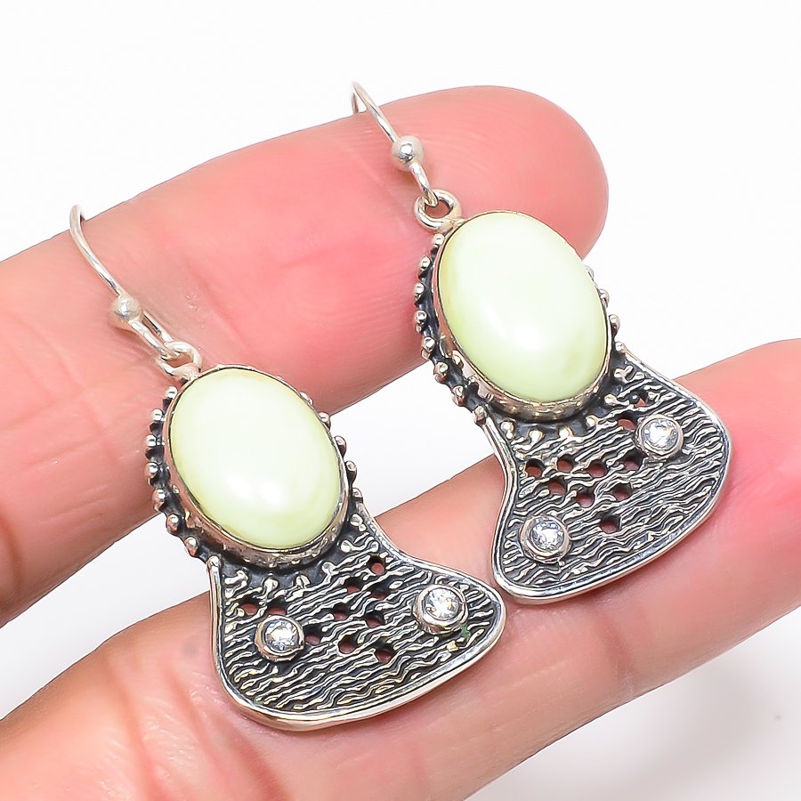 Australian Lemon Chrysoprase & White Topaz 925 Silver Earring, Drop Dangle Earring, Gift For Her, Oval Earring, Yellow Earring, Silver Jewelry Earring