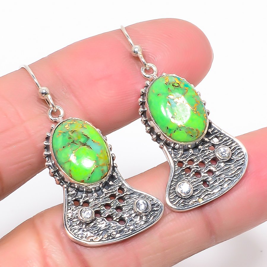 Copper Mohave Green Turquoise, White Topaz 925 Silver Earring, Drop Dangle Earring, Gift For Her, Oval Earring, Green Earring, Silver Jewelry Earring