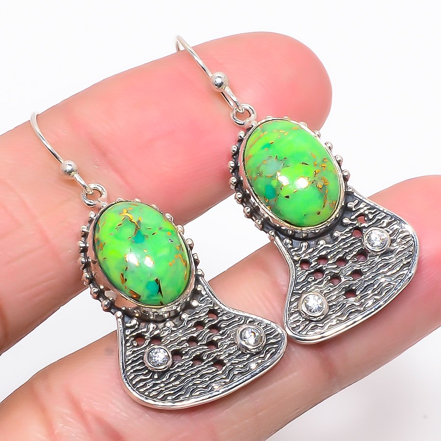 Copper Mohave Green Turquoise & White Topaz 925 Silver Earring, Drop Dangle Earring, Gift For Her, Oval Earring, Green Earring, Silver Jewelry Earring