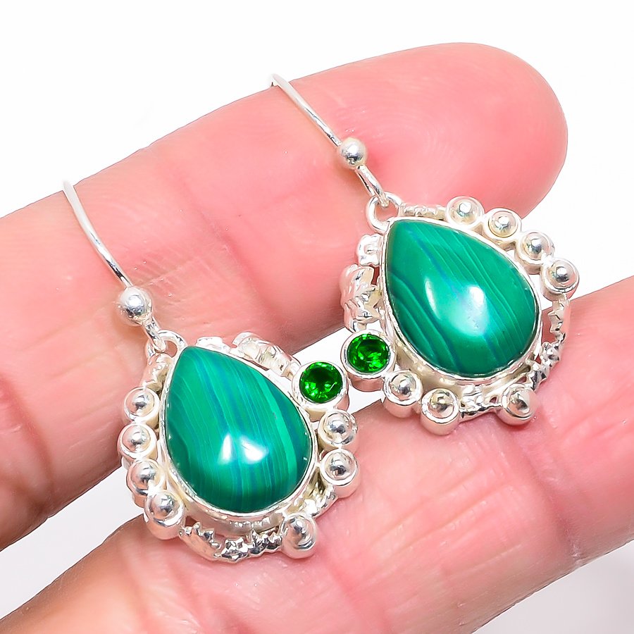 Malachite & Chrome Diopside 925 Sterling Silver Jewelry Earring, Drop Dangle Earring, Gift For Her, Pear Earring, Green Earring, Silver Jewelry Earring