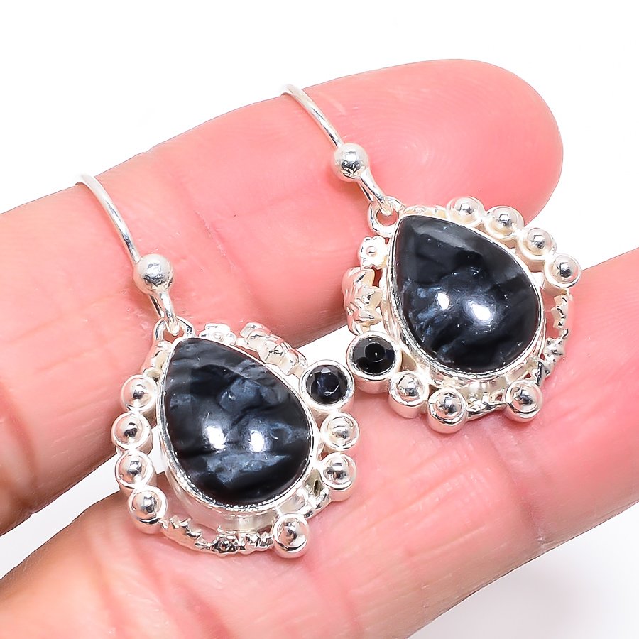 Picasso Jasper & Black Onyx 925 Sterling Silver Earring 1.22" T61