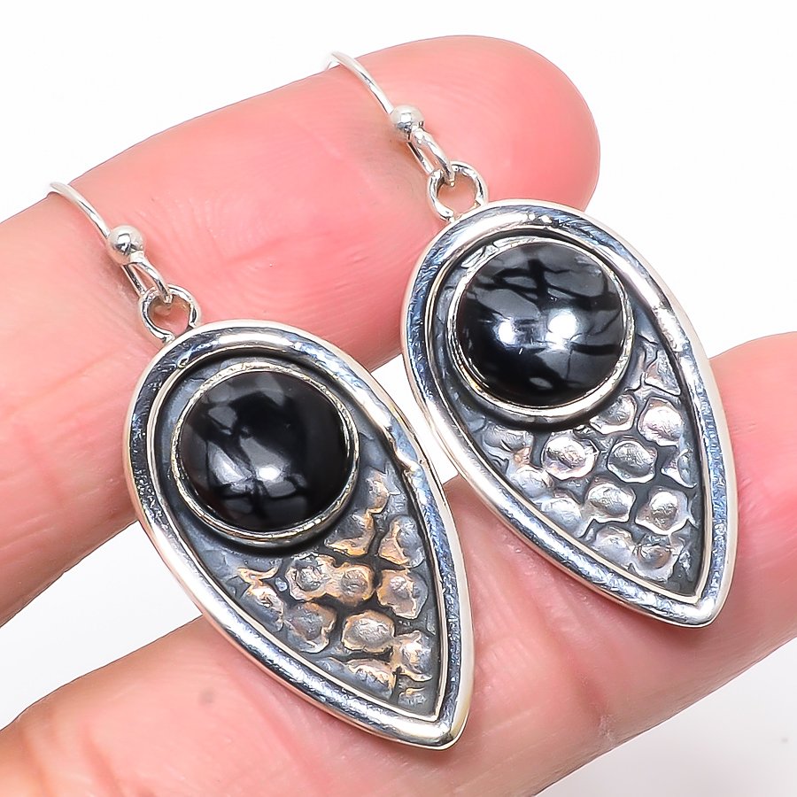 Picasso Jasper Oxidize 925 Sterling Silver Earring, Drop Dangle Earring, Gift For Her, Round Earring, Black Earring, Silver Jewelry Earring