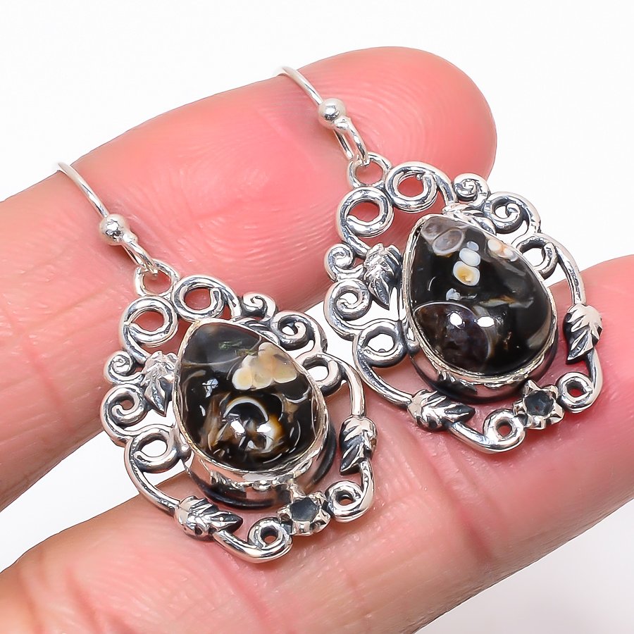Turritella Fossil Vintage Style 925 Sterling Silver Jewelry Earring, Drop Dangle Earring, Gift For Her, Pear Earring, Brown Earring, Silver Jewelry Earring