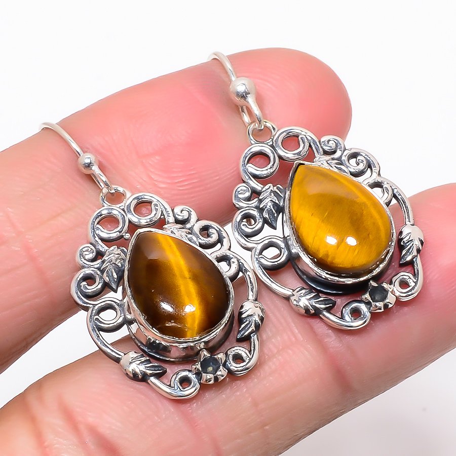 Thai Tiger'S Eye Vintage Style 925 Sterling Silver Jewelry Earring, Drop Dangle Earring, Gift For Her, Pear Earring, Yellow Earring, Silver Jewelry Earring
