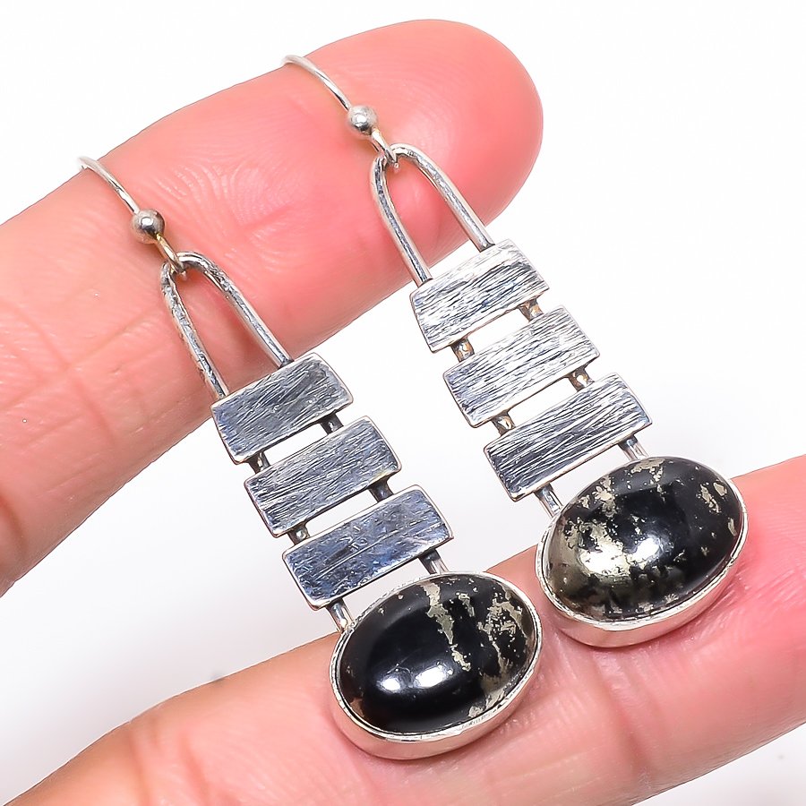 Matte Finish 925 Sterling Silver Antique Look Pyrite" T26, Drop Dangle Earring, Gift For Her, Oval Earring, Black Earring, Silver Jewelry Earring