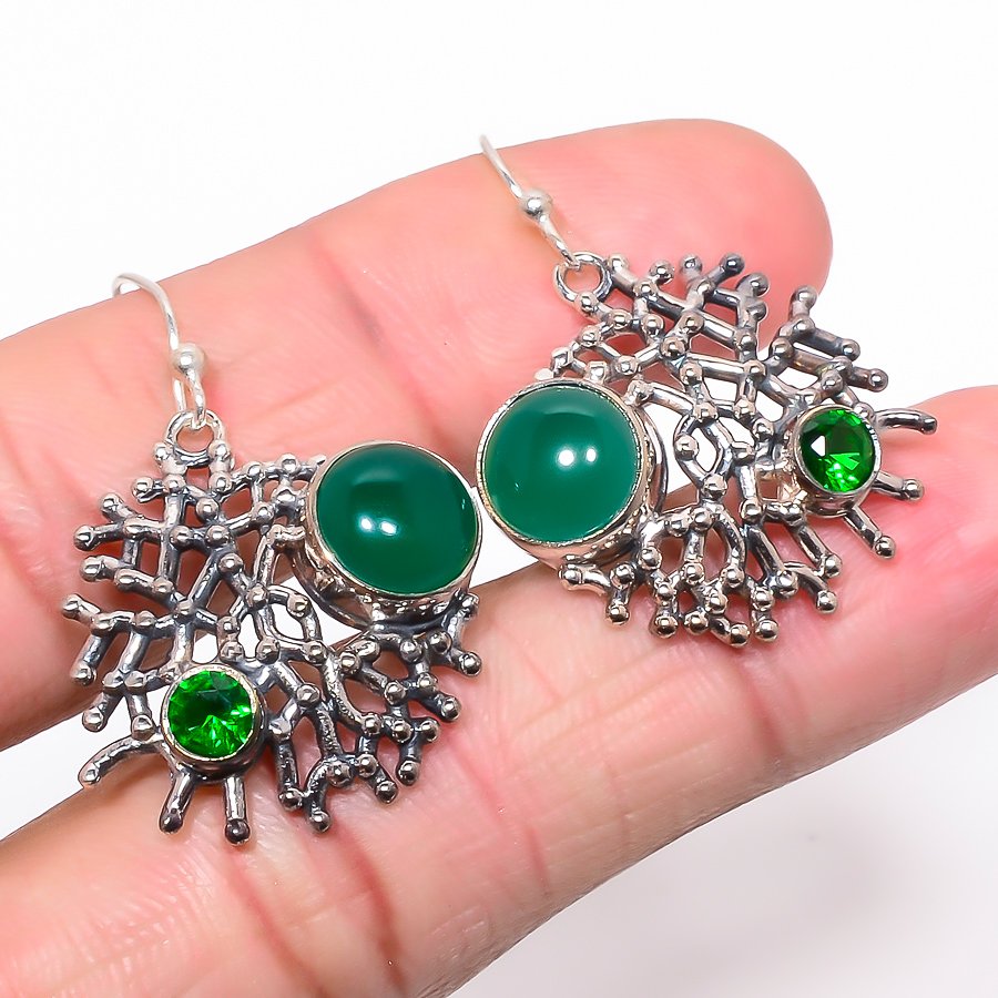 African Green Onyx & Emerald (Simulated) 925 Sterling Silver Earring 1.46" T91