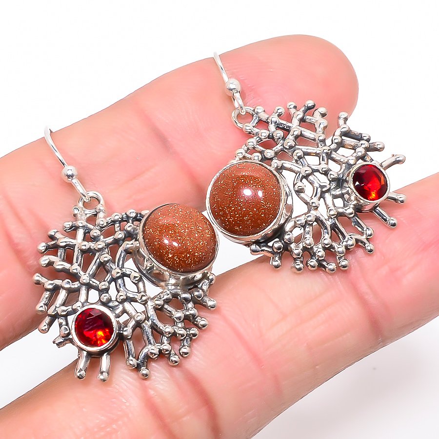 Golden Sunstone & Garnet 925 Sterling Silver Jewelry Earring, Drop Dangle Earring, Gift For Her, Round Earring, Golden Earring, Silver Jewelry Earring