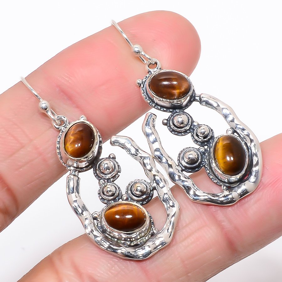 Thai Tiger'S Eye Vintage Style 925 Sterling Silver Jewelry Earring, Drop Dangle Earring, Gift For Her, Oval Earring, Yellow Earring, Silver Jewelry Earring