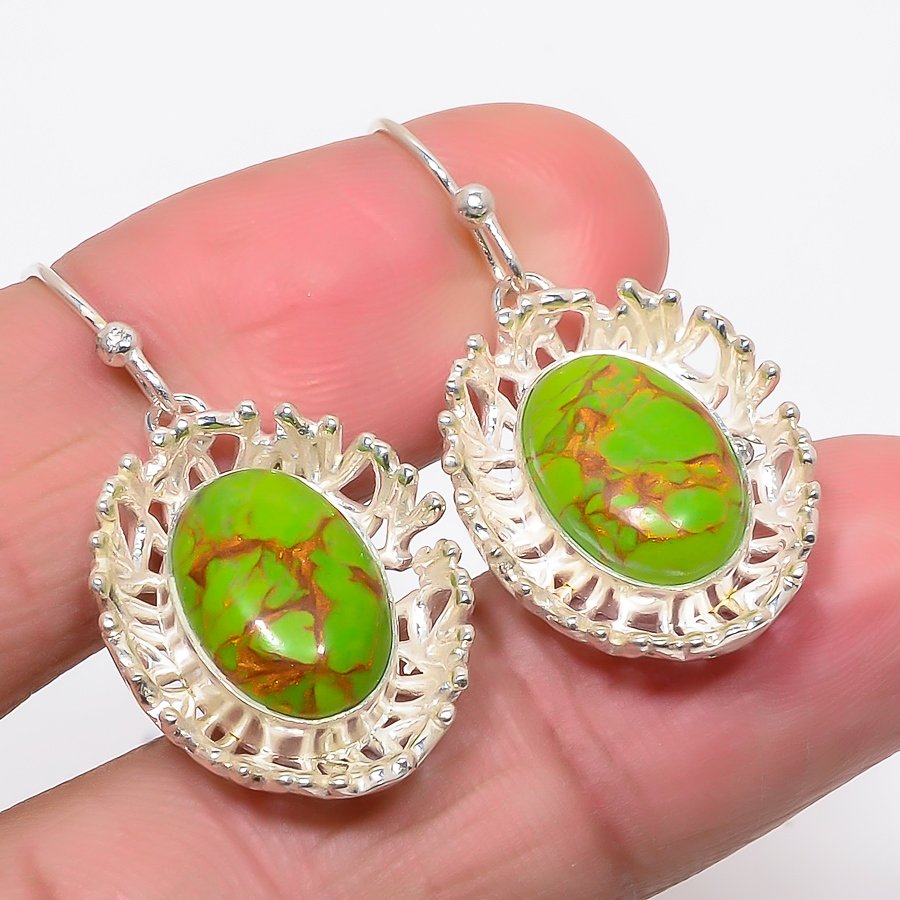 Copper Green Turquoise 925 Sterling Silver Jewelry Earring, Drop Dangle Earring, Gift For Her, Oval Earring, Green Earring, Silver Jewelry Earring