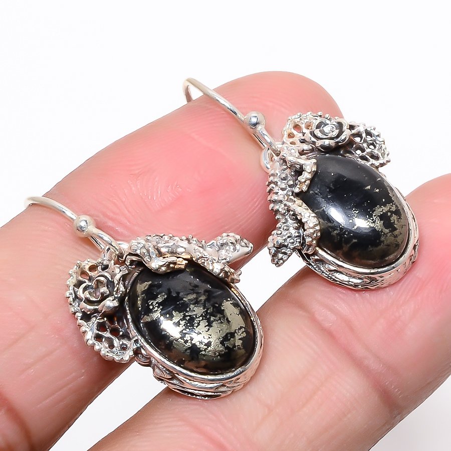 Russian Pyrite And Magnetite 925 Sterling Silver Lizard Earring 1.22" T93