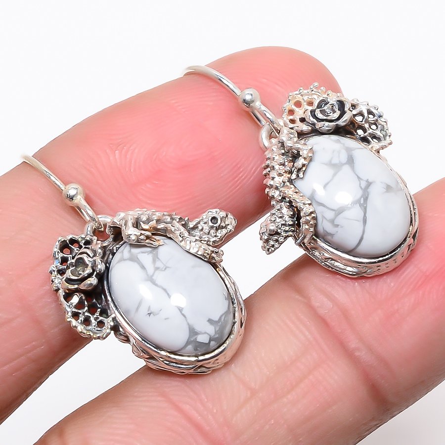 American Howlite 925 Sterling Silver Lizard Earring, Drop Dangle Earring, Gift For Her, Cushion Earring, White Earring, Silver Jewelry Earring