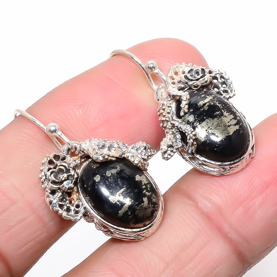 Russian Pyrite And Magnetite 925 Sterling Silver Lizard Earring, Drop Dangle Earring, Gift For Her, Cushion Earring, Black Earring, Silver Jewelry Earring
