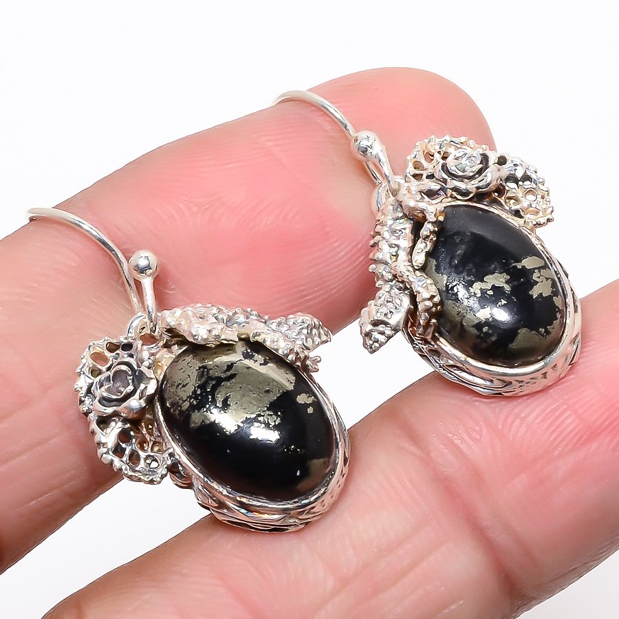 Russian Pyrite And Magnetite 925 Sterling Silver Lizard Earring, Drop Dangle Earring, Gift For Her, Cushion Earring, Black Earring, Silver Jewelry Earring