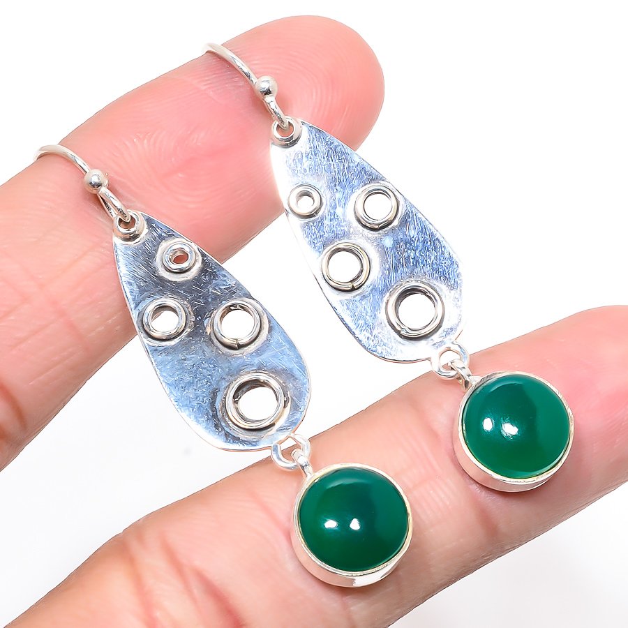 African Green Onyx Oxidize 925 Sterling Silver Jewelry Earring, Drop Dangle Earring, Gift For Her, Round Earring, Green Earring, Silver Jewelry Earring
