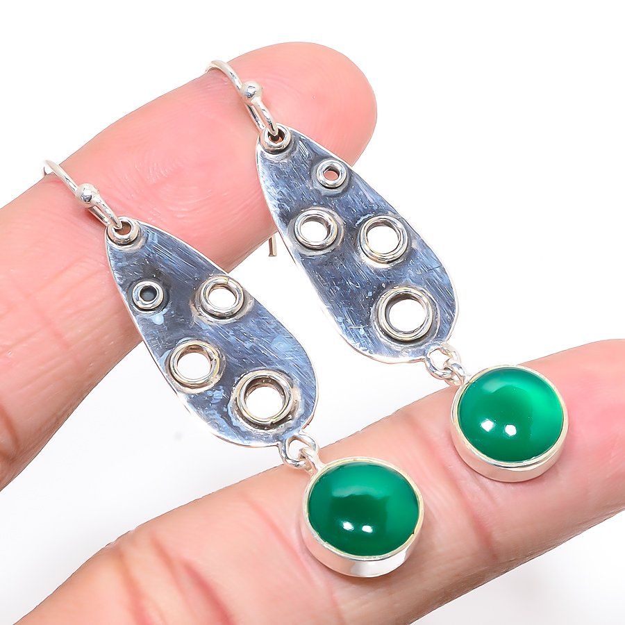 African Green Onyx Oxidize 925 Sterling Silver Jewelry Earring, Drop Dangle Earring, Gift For Her, Round Earring, Green Earring, Silver Jewelry Earring