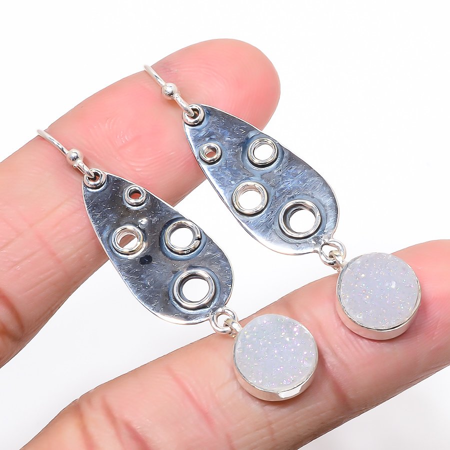 Opalite Agate Drusy Oxidize 925 Sterling Silver Jewelry Earring, Drop Dangle Earring, Gift For Her, Round Earring, White Earring, Silver Jewelry Earring
