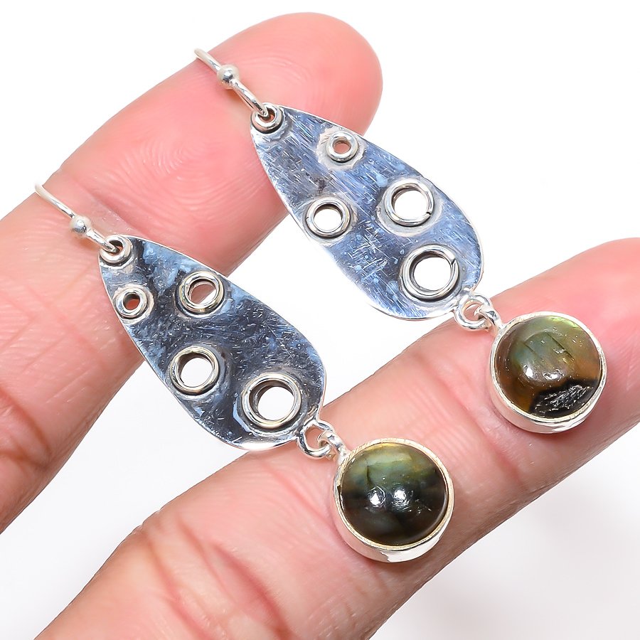 Canadian Labradorite Oxidize 925 Sterling Silver Jewelry Earring, Drop Dangle Earring, Gift For Her, Round Earring, Black Earring, Silver Jewelry Earring