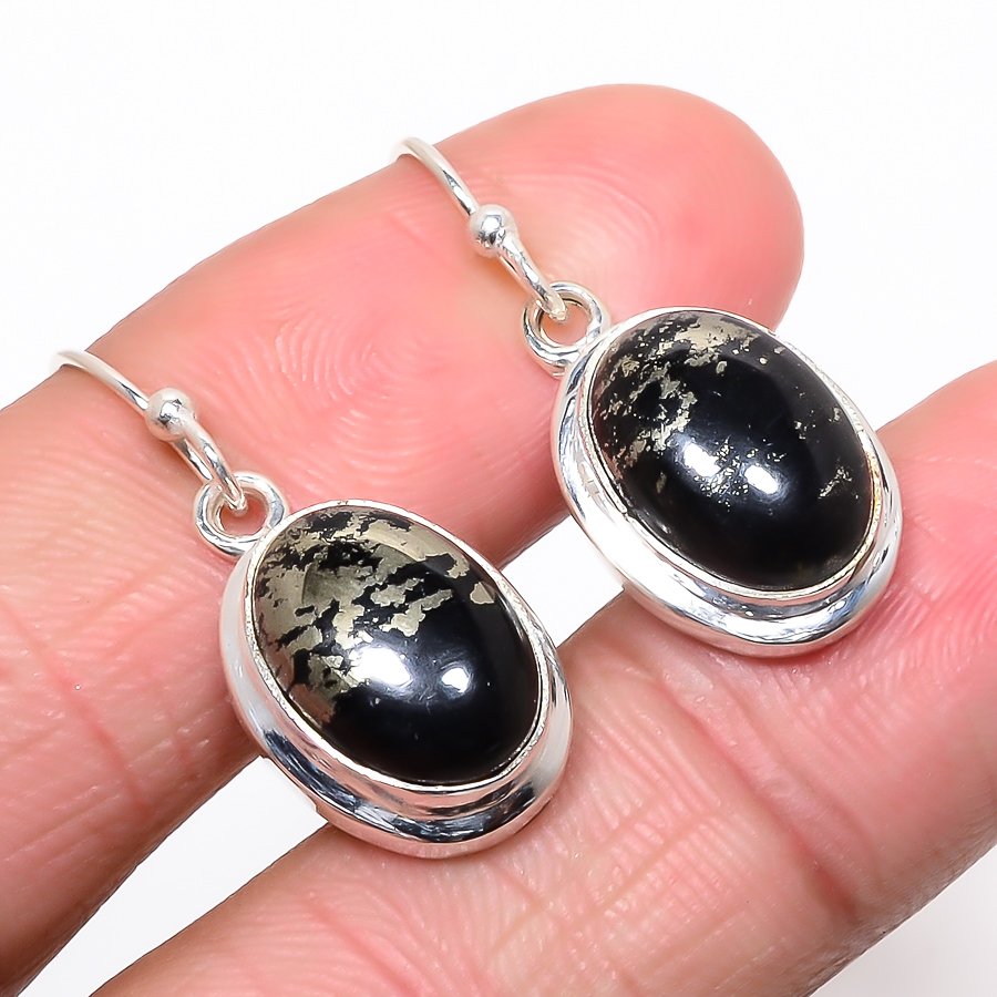 Russian Pyrite And Magnetite 925 Sterling Silver Jewelry Earring, Drop Dangle Earring, Gift For Her, Oval Earring, Black Earring, Silver Jewelry Earring