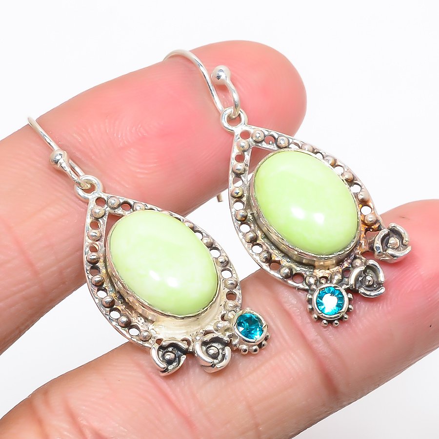 Australian Lemon Chrysoprase & Blue Topaz 925 Silver Earring, Drop Dangle Earring, Gift For Her, Oval Earring, Yellow Earring, Silver Jewelry Earring
