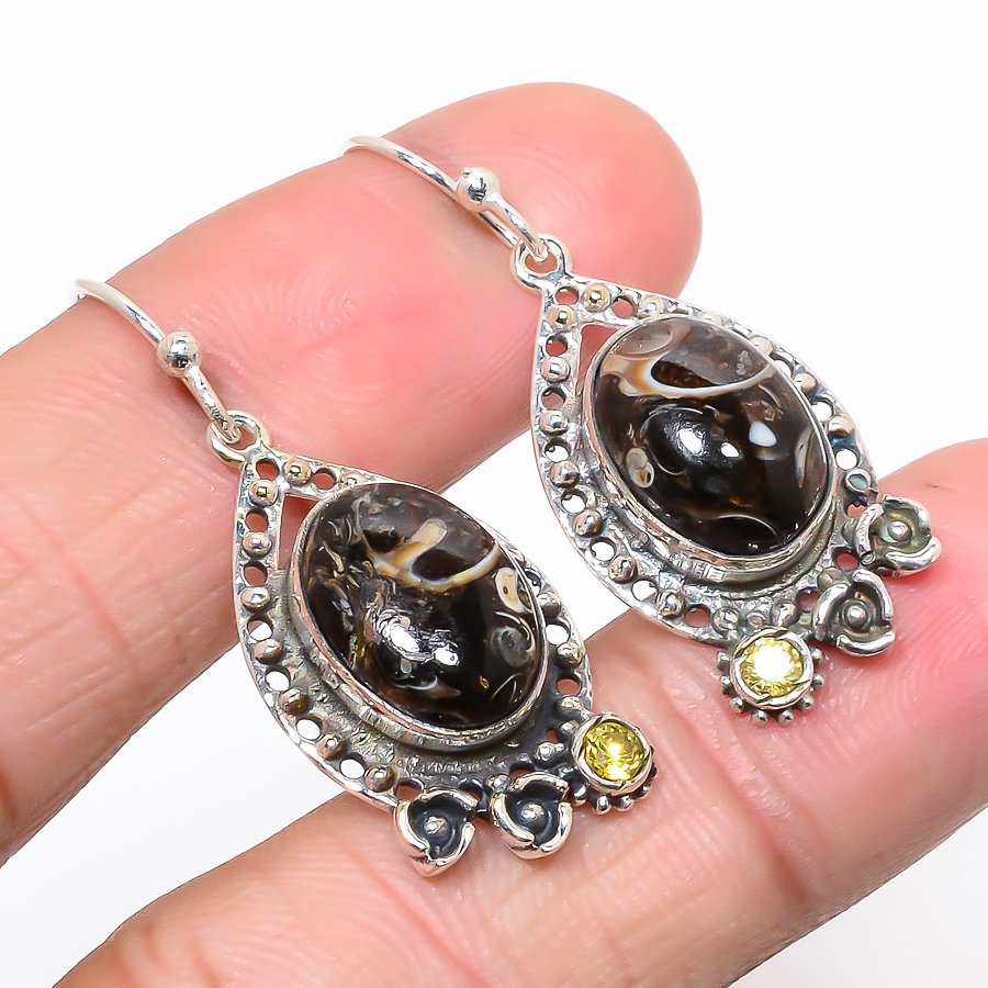 Turritella Fossil & Lemon Topaz Oxidize 925 Sterling Silver Jewelry Earring, Drop Dangle Earring, Gift For Her, Oval Earring, Brown Earring, Silver Jewelry Earring