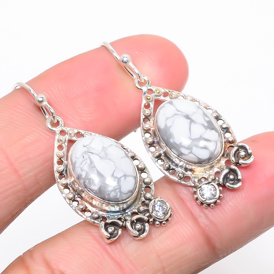 American Howlite & White Topaz Oxidize 925 Sterling Silver Jewelry Earring, Drop Dangle Earring, Gift For Her, Oval Earring, White Earring, Silver Jewelry Earring
