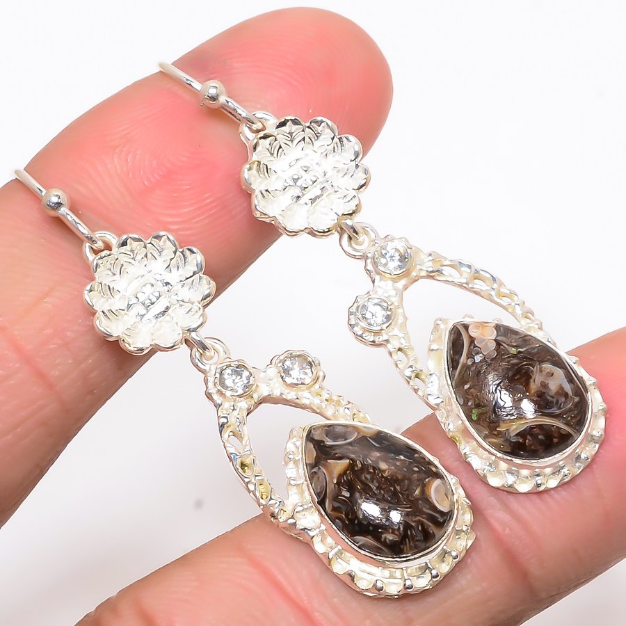 Turritella Fossil & White Topaz 925 Sterling Silver Flower Earring 1.97" T58
