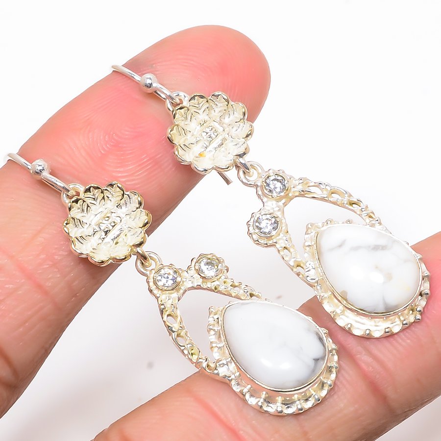 American Howlite & White Topaz 925 Sterling Silver Flower Earring, Drop Dangle Earring, Gift For Her, Pear Earring, White Earring, Silver Jewelry Earring
