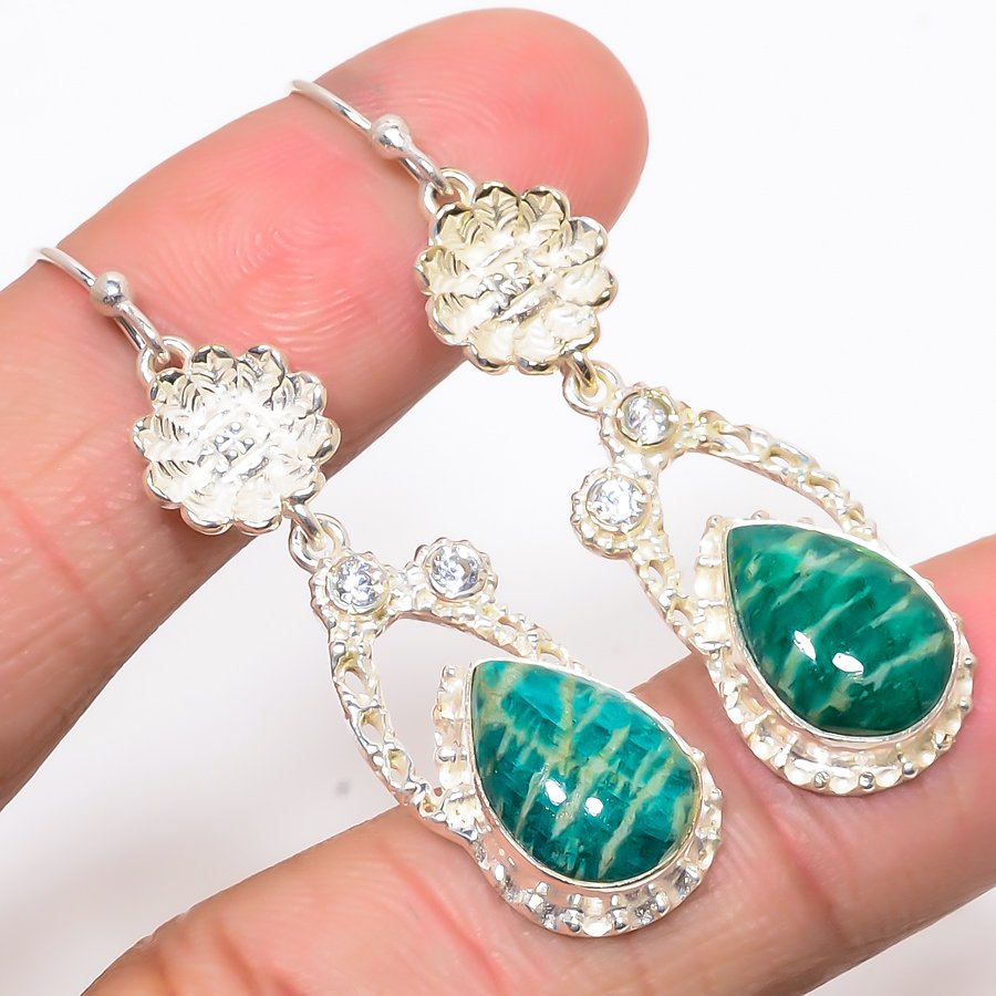 Russian Amazonite & White Topaz 925 Sterling Silver Flower Earring, Drop Dangle Earring, Gift For Her, Pear Earring, Green Earring, Silver Jewelry Earring