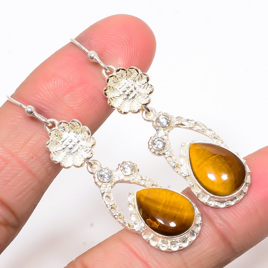 Thai Tiger'S Eye & White Topaz 925 Sterling Silver Flower Earring, Drop Dangle Earring, Gift For Her, Pear Earring, Yellow Earring, Silver Jewelry Earring
