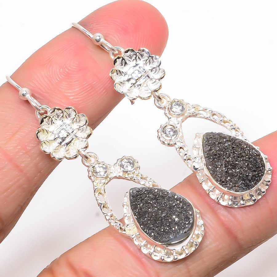 Titanium Carbon Drusy & White Topaz 925 Silver Flower Earring, Drop Dangle Earring, Gift For Her, Pear Earring, Brown Earring, Silver Jewelry Earring