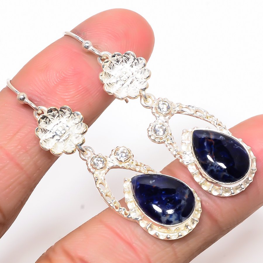 African Sodalite & White Topaz 925 Sterling Silver Flower Earring, Drop Dangle Earring, Gift For Her, Pear Earring, Blue Earring, Silver Jewelry Earring