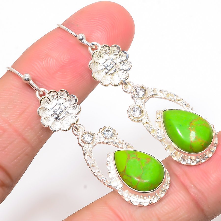Copper Green Turquoise 925 Silver Flower Earring, Drop Dangle Earring, Gift For Her, Pear Earring, Green Earring, Silver Jewelry Earring